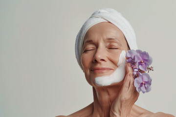 Older woman with wrinkles and towel on head doing skin care routine, applying moisturizing cream, touching her face with hands and holding purple flowers. Isolated white background