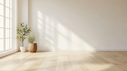 Fototapeta premium A bright, minimalistic room featuring plants and natural light.