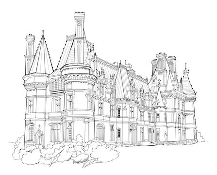 recommend clip art: Illustration of Trevarez castle in western of France. Black and white drawing. Page for coloring book. Medieval architecture in western Europe. Hand drawn vector.