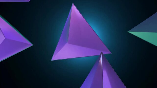 A series of purple and blue triangles are floating in the air. The triangles are arranged in a way that creates a sense of movement and energy. The blue and purple colors give the image a cool