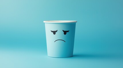 Blue Cup with a Sad Facial Expression on a Light Blue Background