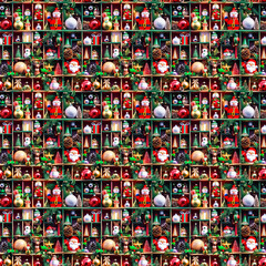 A shelf with Christmas attributes, toys and gifts. New Year seamless pattern.