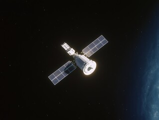 Orbiting satellite in space with solar panels deployed