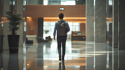 Obraz premium Back view of a professional walking through an airport lobby, carrying a backpack . illustration