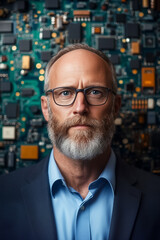 Fototapeta premium A bearded man in glasses stands confidently against a vibrant circuit board, blending intellect and tech