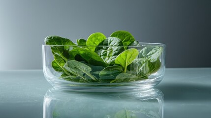 Obraz premium A clear bowl filled with fresh spinach leaves, showcasing vibrant green colors.