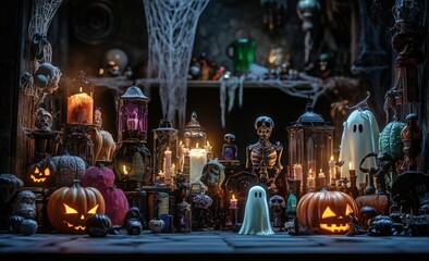 Spooky Halloween decor with jack-o-lanterns, ghosts, and other eerie elements