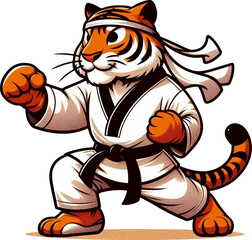 Obraz premium cute cartoon tiger in karate and taekwondo kimono 