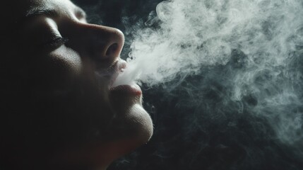 Obraz premium A close-up of a person exhaling smoke, capturing a moment of contemplation and relaxation.