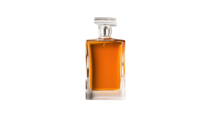 Glass bottle filled with amber liquid on white background.