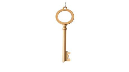 Golden key with a round handle, white isolated background