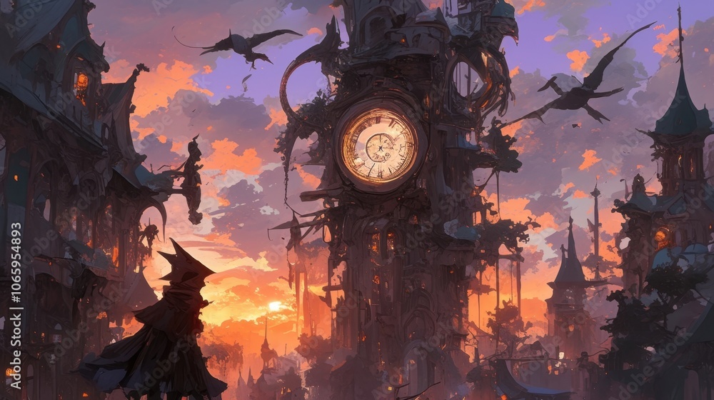 Poster a clock tower that is also a giant cuckoo bird its shrill call marking the passing hours with eerie 