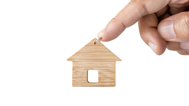 Hand holding wooden house keychain, white isolate background - Powered by Adobe