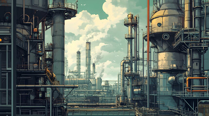 Industrial Background with Factory and Pipes Against Urban Landscape . illustration