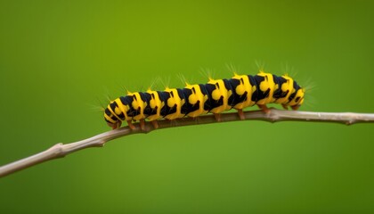 Fototapeta premium Striking Yellow and Black Caterpillar Crawls on a Twig