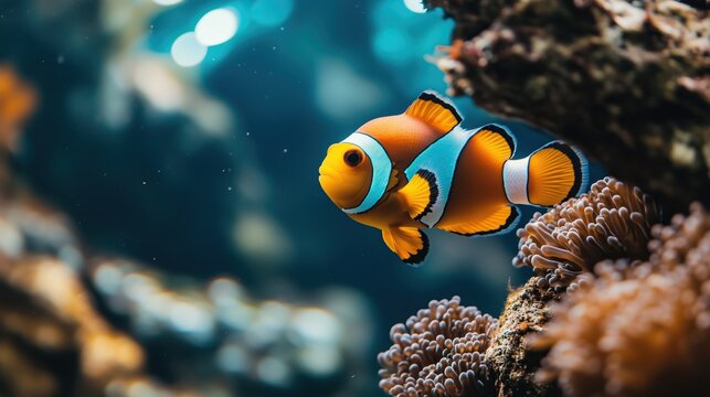An orange-white clownfish rests on a tree branch in an aquarium