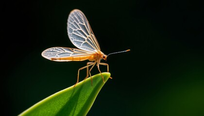 Delicate Orange Insect with Translucent Wings on a Vibrant Green Leaf