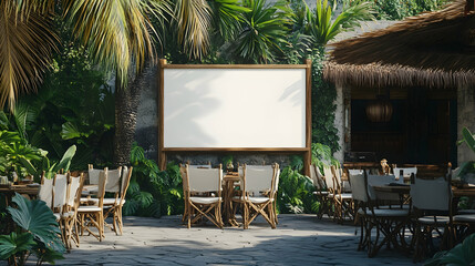 Mockup of an outdoor sign for a restaurant, surrounded by natural elements . illustration
