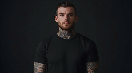 Obraz premium Model with Tattoos in a Black T-Shirt Mockup . illustration