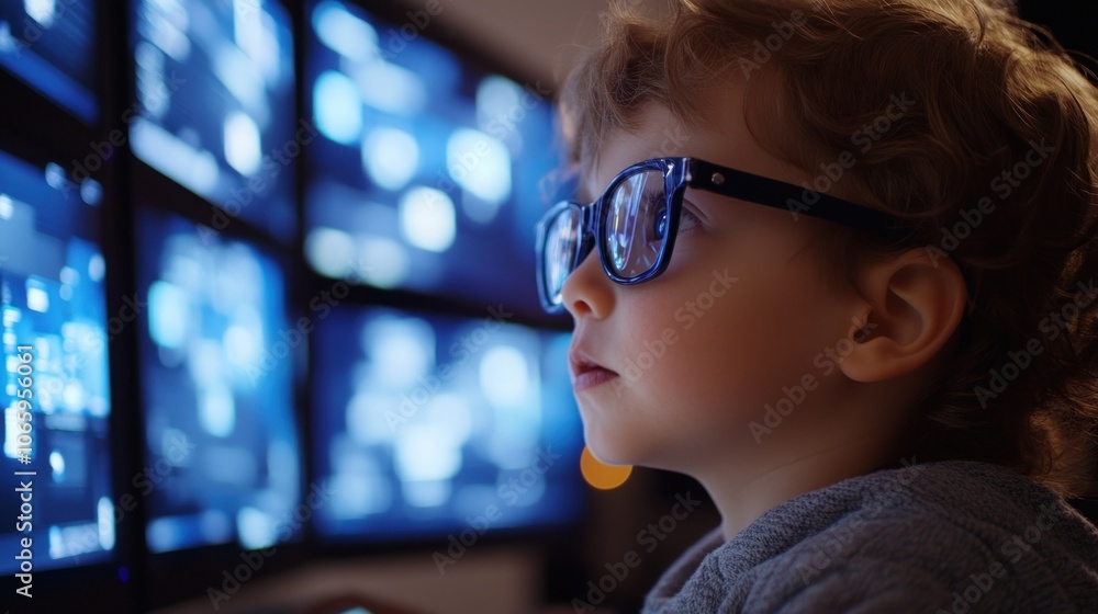 Poster a child wearing glasses intently gazes at multiple screens displaying digital information.