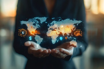 Global businessman with virtual world map and currency symbols for international trade and economy