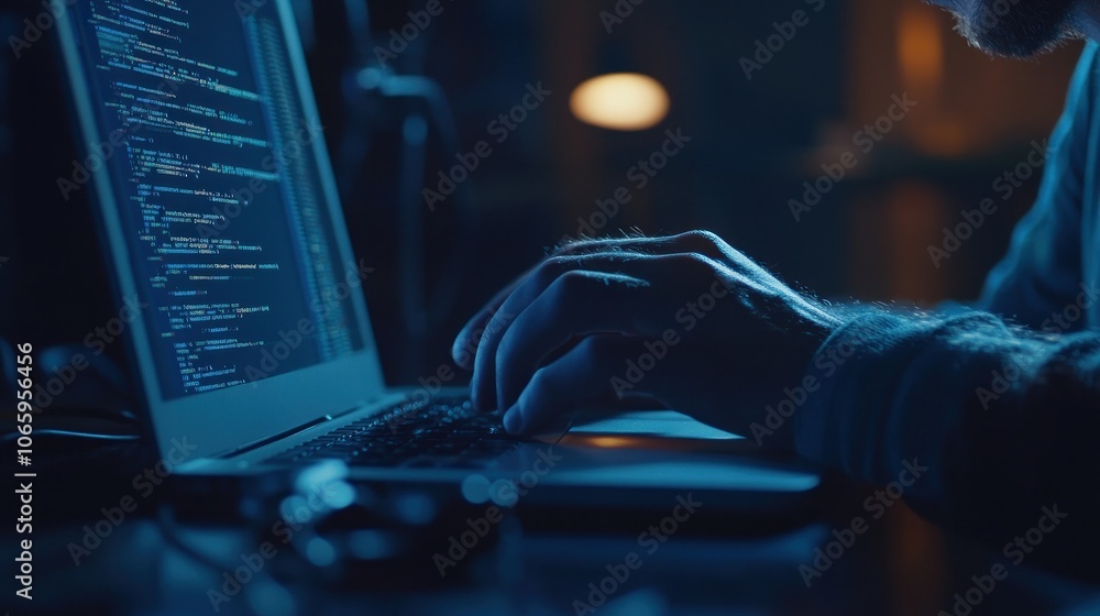 Poster a person typing on a laptop, surrounded by a dimly lit environment, focusing on coding.