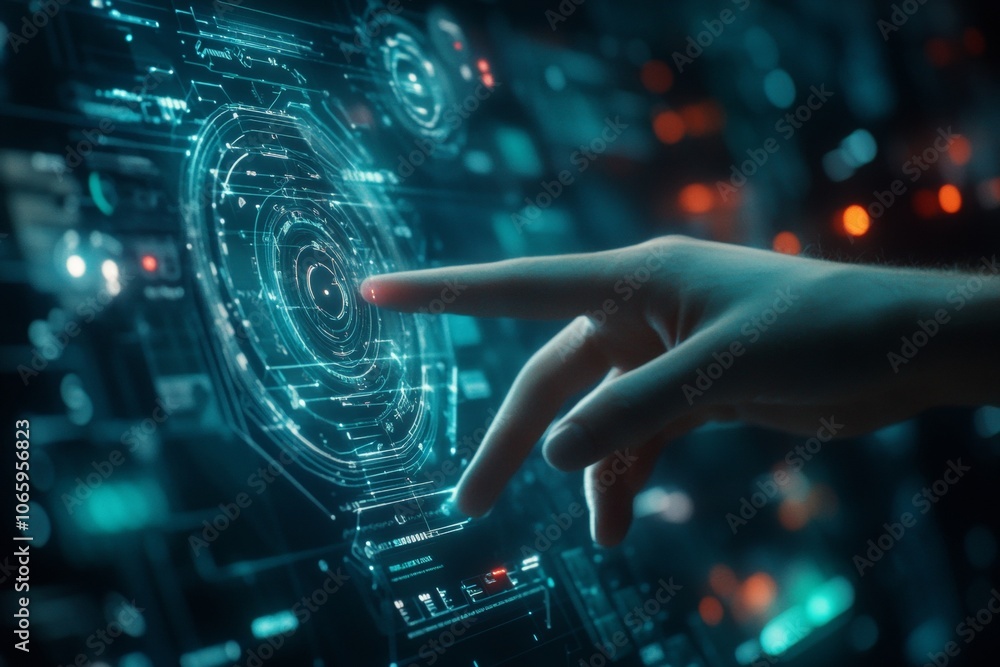 Poster futuristic digital network connectivity finger interacting with sci fi virtual interface technology