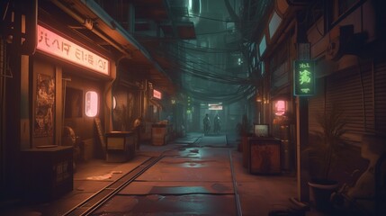 &acirc;&euro;&cent; Urban scene with neon signs and a gritty alleyway, perfect for cyberpunk themes, copy space, High quality, + --ar 16:9 --v 5 Job ID: e008b03c-299d-4f2c-b883-86f41e89eb8e