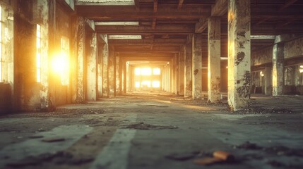 Fototapeta premium Sunbeams illuminate the interior of an abandoned industrial building.