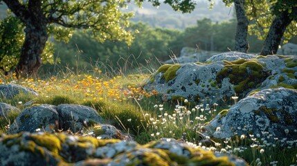 Naklejka premium Sunlit Meadow with Rocks