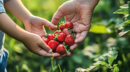 Two hands holding freshly picked strawberries in a lush green environment.