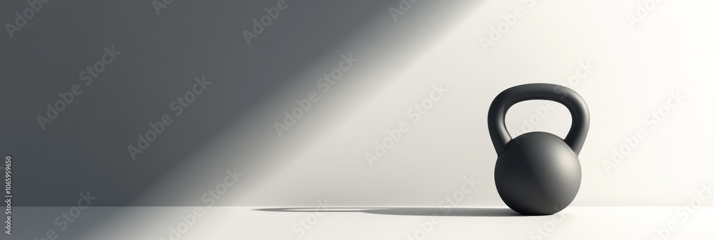 Poster single black kettlebell standing on white surface casting a long shadow in a beam of light creating 