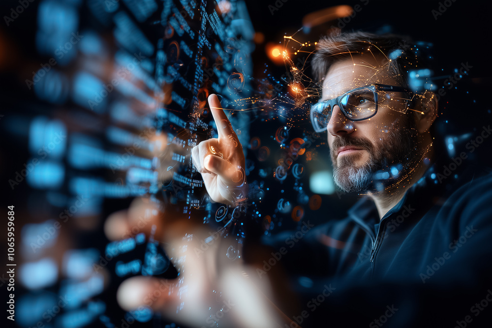 Poster a person with glasses navigates complex data visualizations while surrounded by a dark setting, show