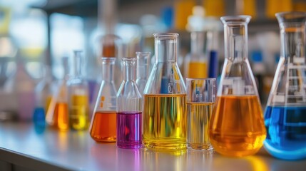 A collection of colorful laboratory glassware filled with various liquids.