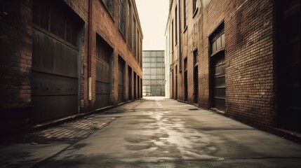 Fototapeta premium Urban Alleyway: A narrow, concrete alleyway between brick buildings in the heart of the city, casting a sense of mystery and intrigue. The path leads the eye towards the unknown.