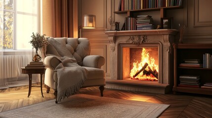 Cozy Living Room with Fireplace and Armchair