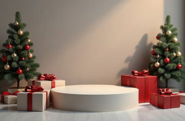 Festive christmas gift display with decorated trees and wrapped presents
