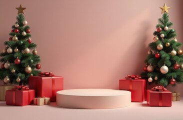 Festive christmas scene with decorated trees and gift boxes on display platform