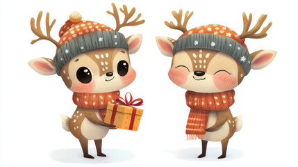 Naklejka premium Cute deers in a winter hat and scarf with gift. Holiday cartoon character set. Modern illustration. White background.