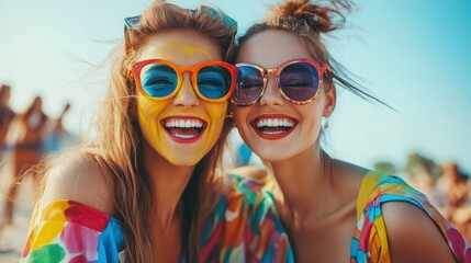 Two joyful friends with colorful sunglasses and face paint, enjoying a sunny beach day.
