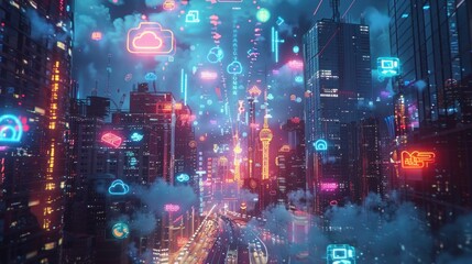 Cyberpunk Cityscape with Neon Icons