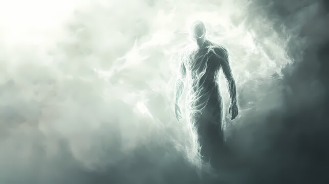 A serene morpheus bathed in soft gray light, standing in a dreamscape of fog and shadows where shapes blur and shift. Dreamscape. Illustration