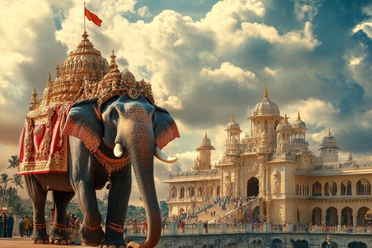 Vibrant poster illustration of mysore dasara featuring an elephant and the majestic palace