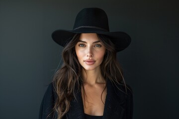 Woman in black wide-brimmed hat, black outfit, striking fashion portrait, dark background, confident expression, chic and modern, minimalistic photography, elegant and bold, copy space

