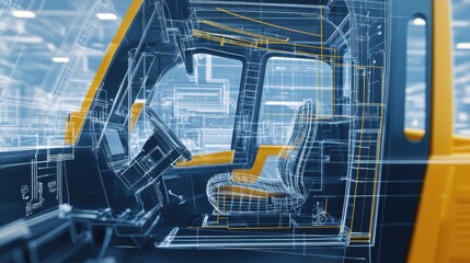 Obraz premium A 3D engineering illustration of an excavator's cabin, overlaid with blueprint details that emphasize operator controls and safety features