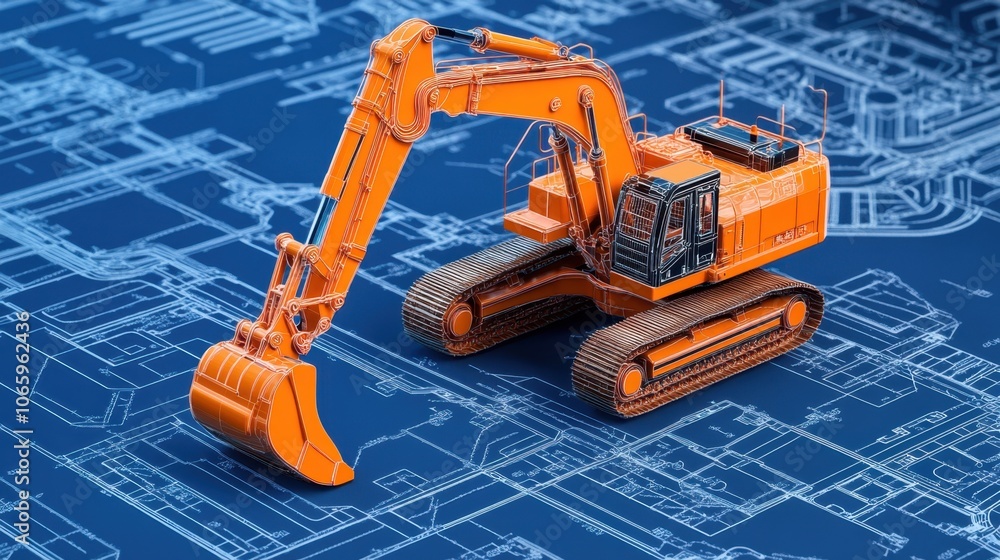 Aufkleber a 3d render of an excavator with its parts labeled, surrounded by blueprints detailing its mechanica