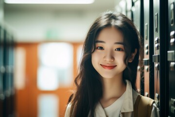 Fototapeta premium Portrait of a smiling female high school student standing in hallway