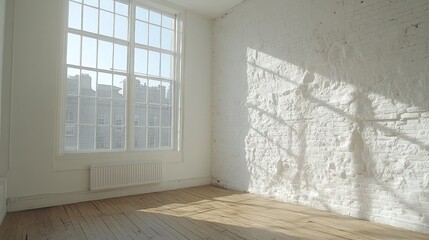 Fototapeta premium Sunlight streams through a large window in an empty room with white brick walls and hardwood floors.