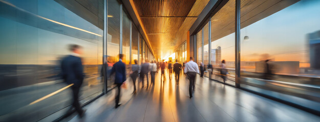 Business people walking through a modern office hallway during sunset, illustrating corporate culture and teamwork