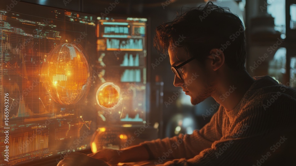 Poster a focused individual analyzing data on a futuristic interface.